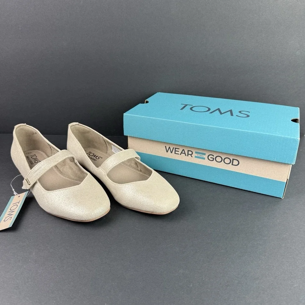 TOMS Women's Bianca‎ Suede Mary Jane Flats Beige Gold Size 6 Festive